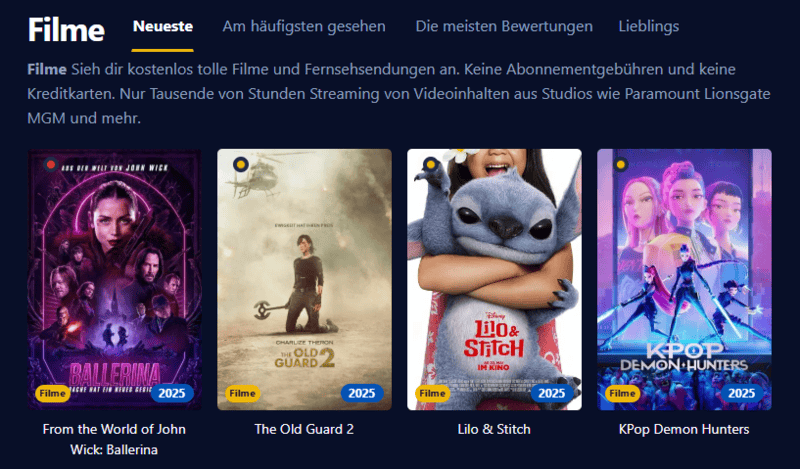 Ein Bild der Kinokiste Seite im alten Stil mit grünem Text auf dunklem Hintergrund
